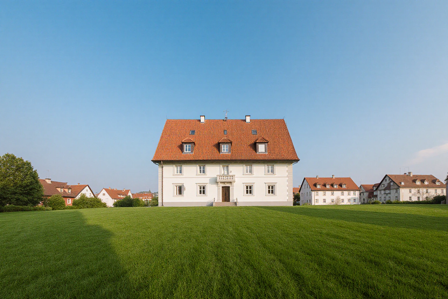 Bayerisch geprägtes Wohngebäude mit großer Grünfläche bei Tageslicht